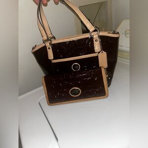 Coach Embossed Patent Leather Tote and Wallet Set in Dark Brown & TanTrim BUNDLE